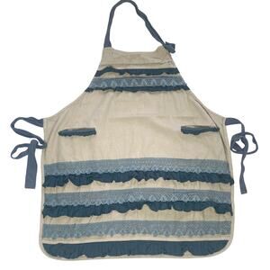 Anthropologie Apron Halter Blue and Gray Ruffles and Crochet Apron with Button